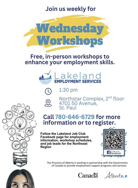 Lakeland Employment Services event poster for In-Person Employment Workshops in St. Paul, Alberta, weekly on Wednesdays