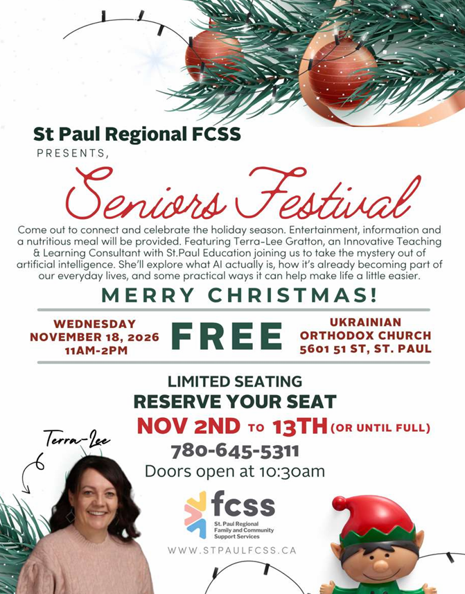St. Paul Regional FCSS event poster for the Seniors' Festival on November 18, 2026