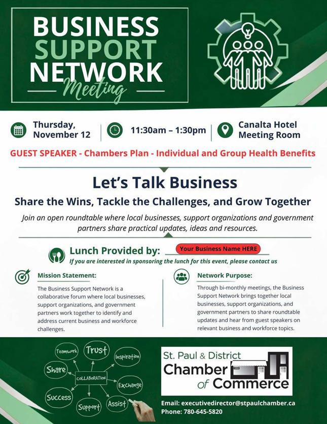 St. Paul Chamber of Commerce event poster for a Business Support Network Meeting on November 12, 2026