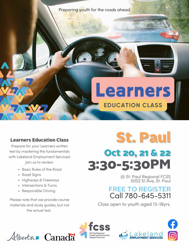 St. Paul Regional FCSS event poster for a Learners' Education Class from October 20-22, 2026