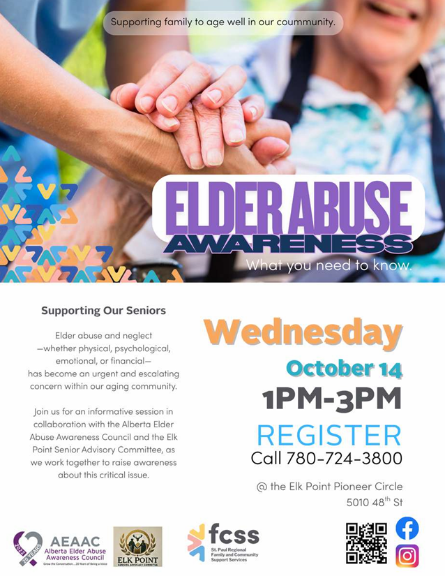 St. Paul Regional FCSS event poster for an Elder Abuse Awareness info session on October 14, 2026, in Elk Point, Alberta