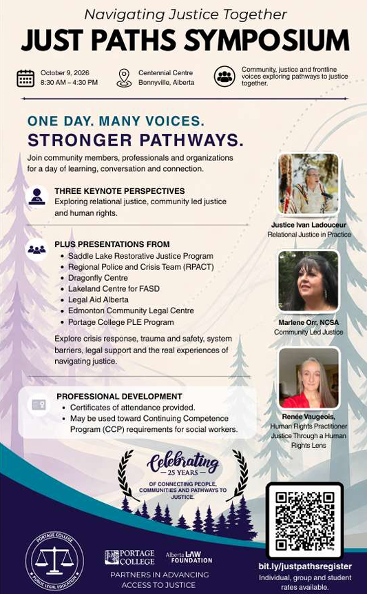 Portage College Public Legal Education event poster for Just Paths Symposium on October 9, 2026, in Bonnyville, Alberta
