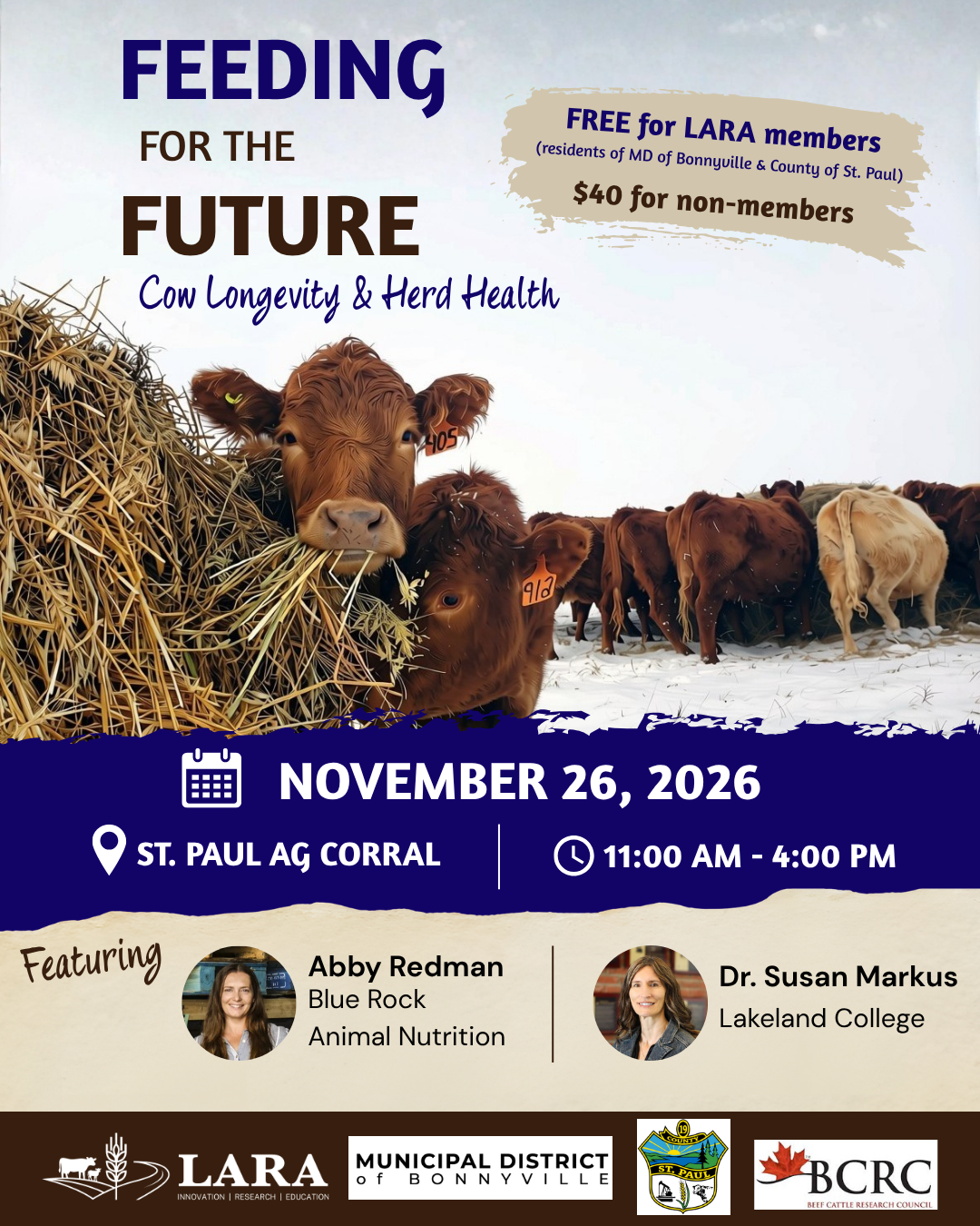 Lakeland Agricultural Research Association event poster for Feeding for the Future in St. Paul, Alberta, on November 26, 2026